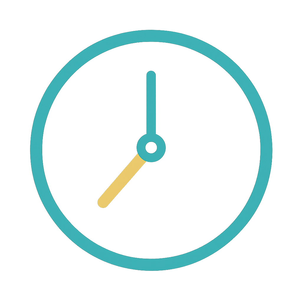 Simple clock icon with turquoise frame and yellow hands showing 2:00.