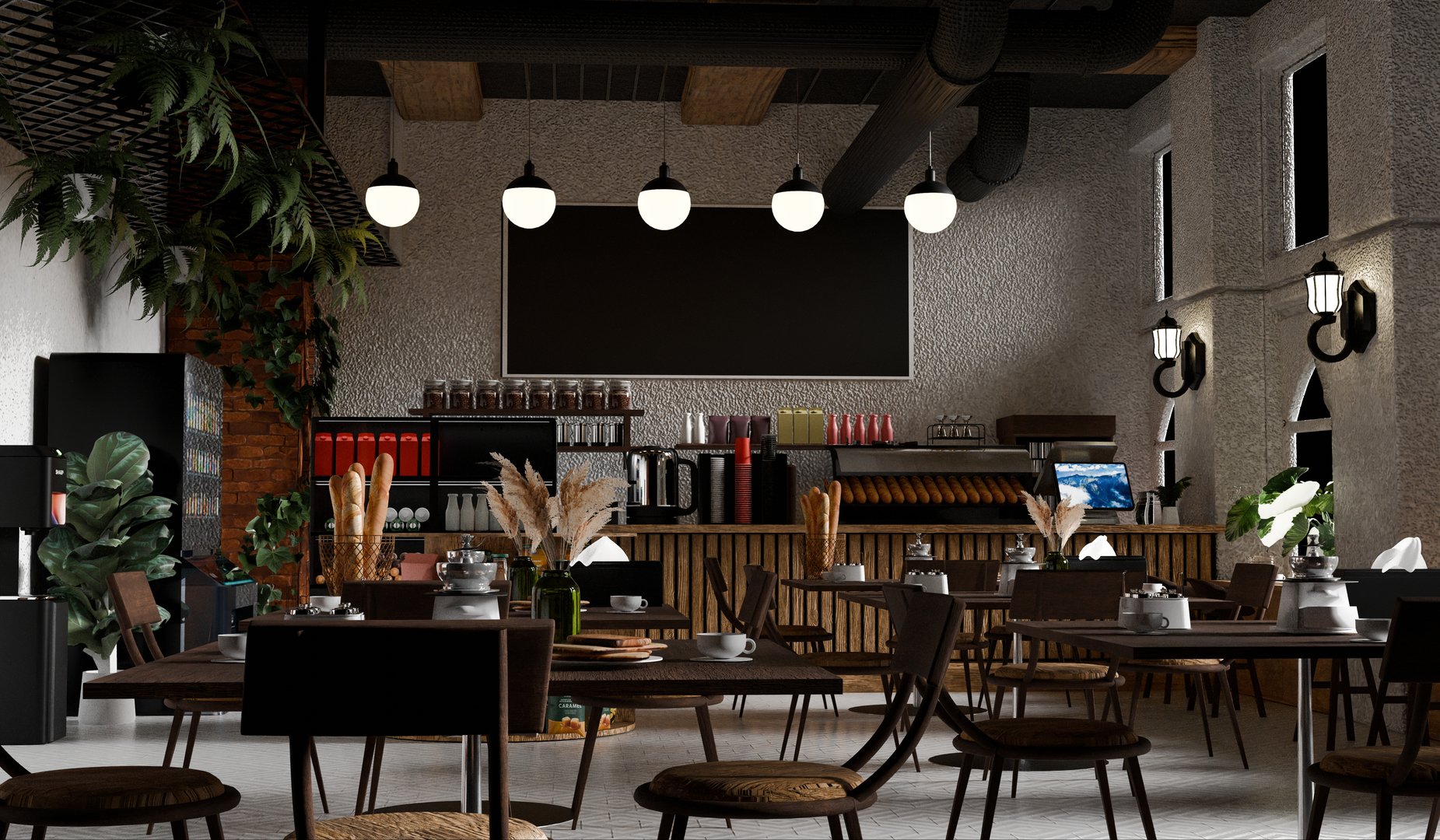 Coffee shop, warm color tones, 3D illustration