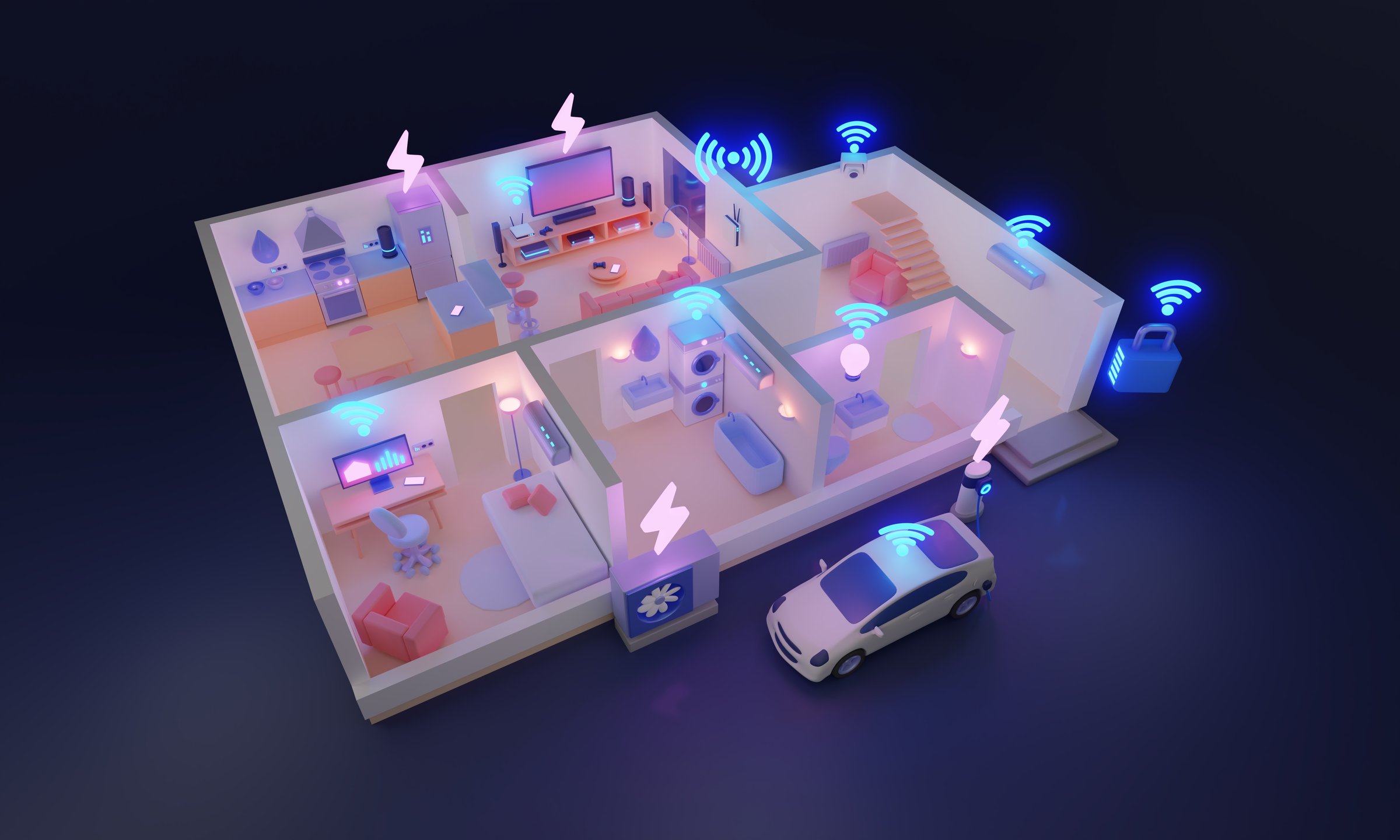 Smart home and house with iot gadgets connection 3D illustration concept. Daily appliances with wifi signal for monitoring, control and efficiency management. Lighting, safety and climate network.