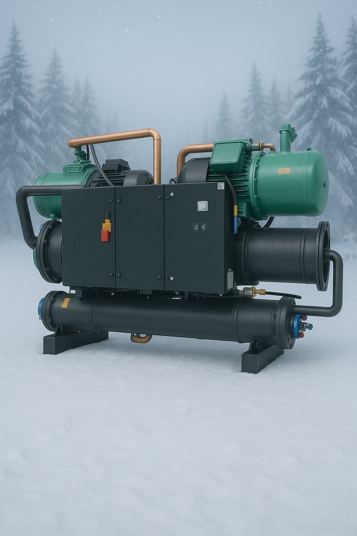 Industrial machinery in a snowy landscape with pine trees in the background, featuring green and black components.