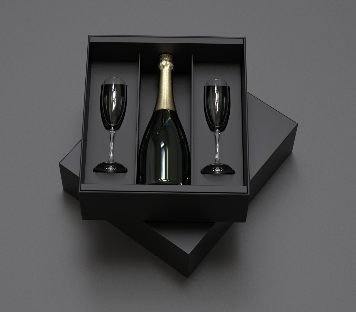 Blank Champagne Bottle with wooden Box with flute glass 3d illustration.