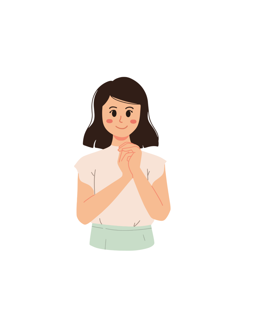 Illustration of a smiling woman with dark hair, wearing a white shirt, hands clasped in front, on a green background.