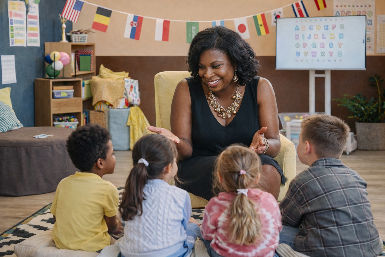 Teacher helping child learn Spanish