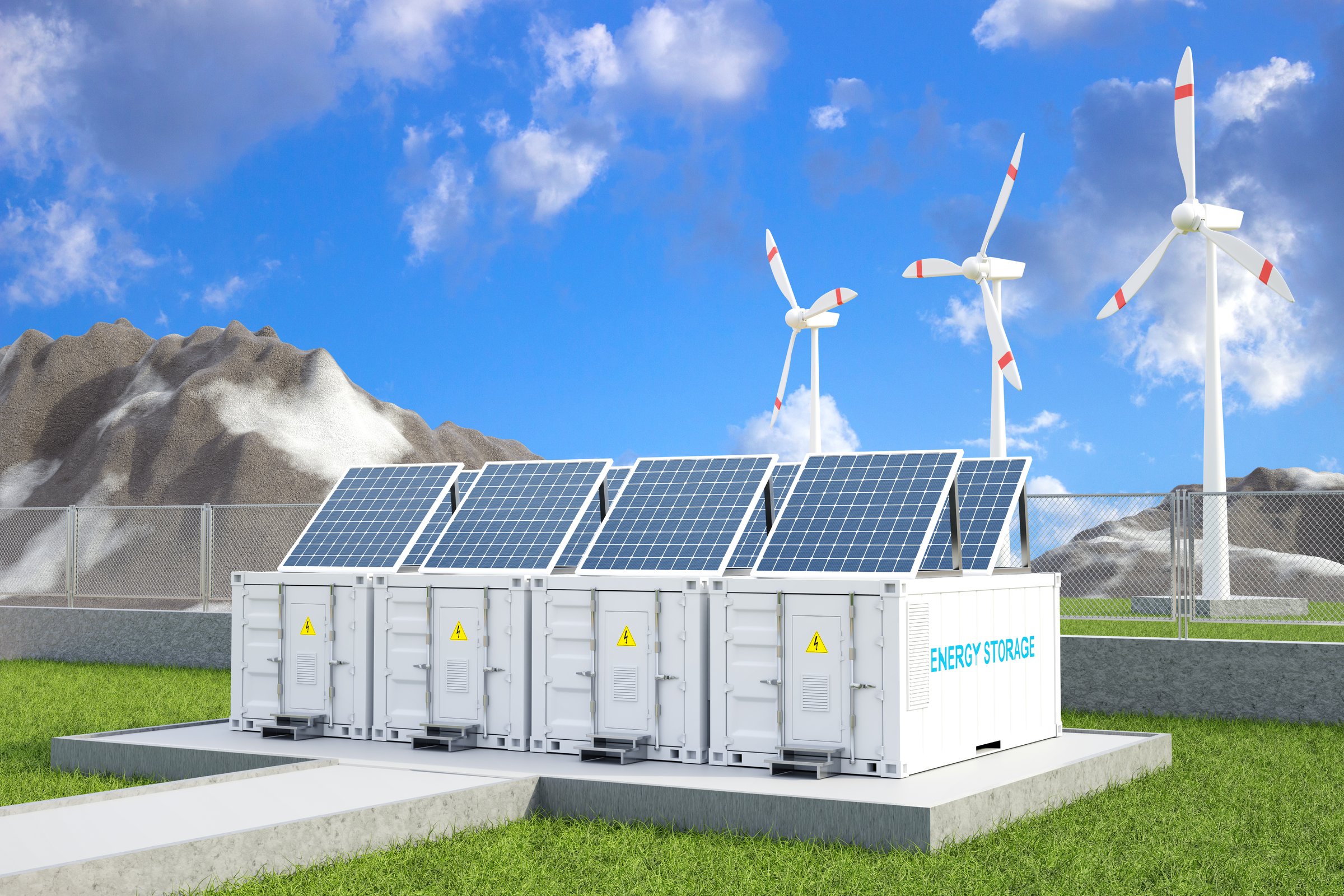 Energy storage systems or battery container units with solar panels and wind turbines. Eco energy concept. 3d-rendering