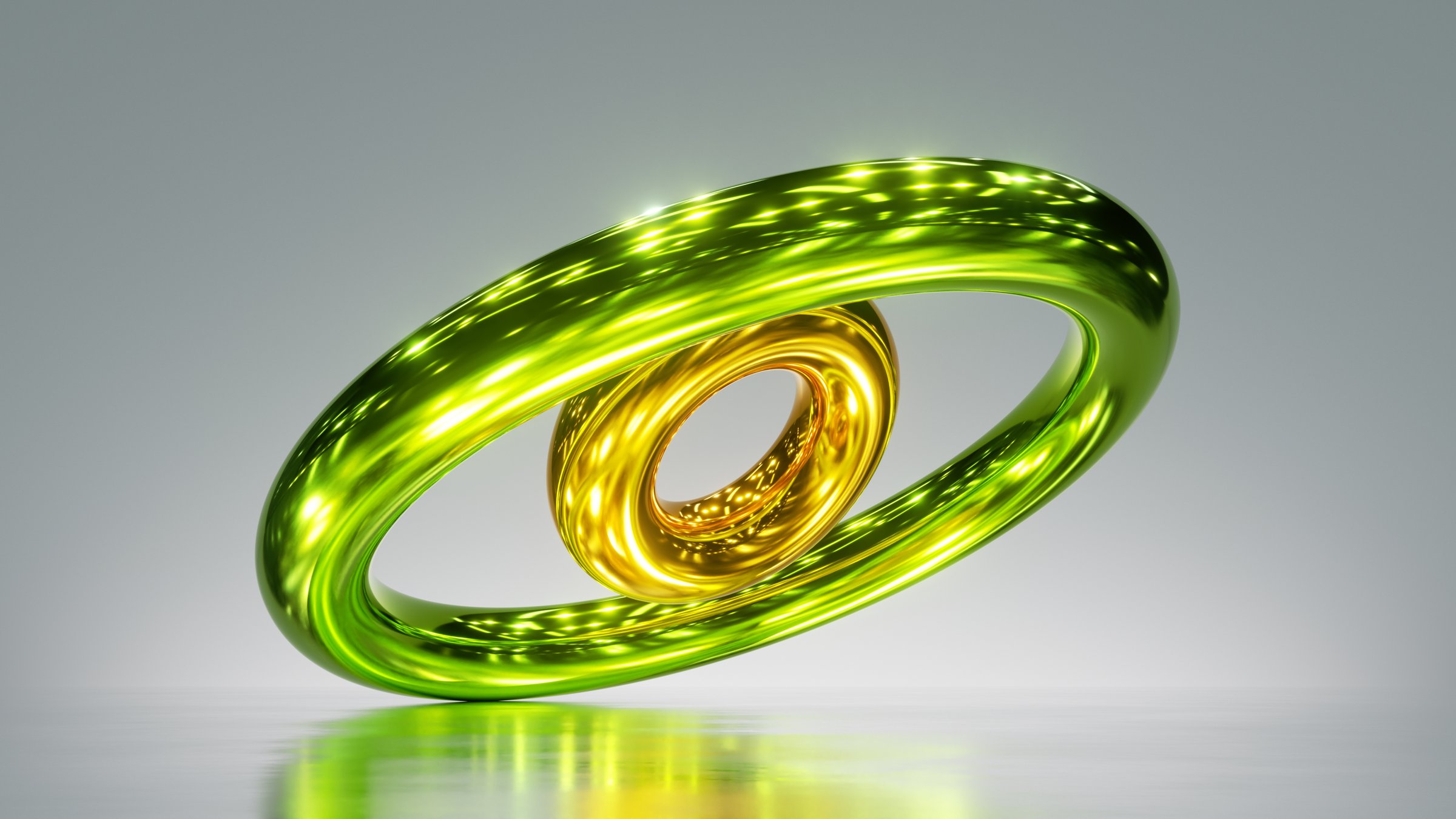 3d render, abstract primitive geometrical shape, shiny metallic yellow gold and green rings, glossy chrome object isolated on light silver background