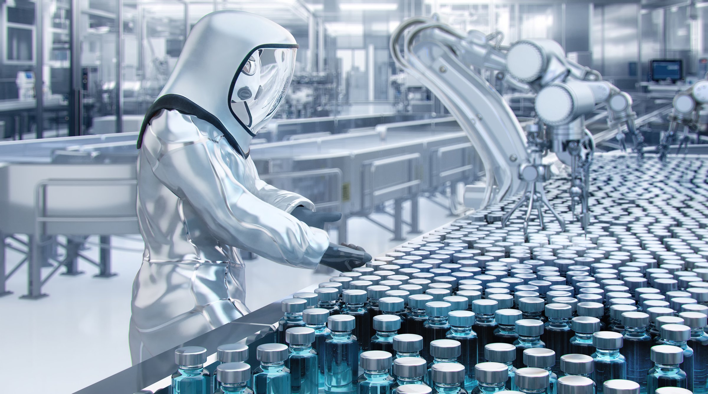 Sterile pharmaceutical manufacturing. A worker in a cleanroom suit, robotic automated production of injectable drugs, vaccines. High-tech pharma, automation,aseptic processing, medicine, healthcare 3D illustration