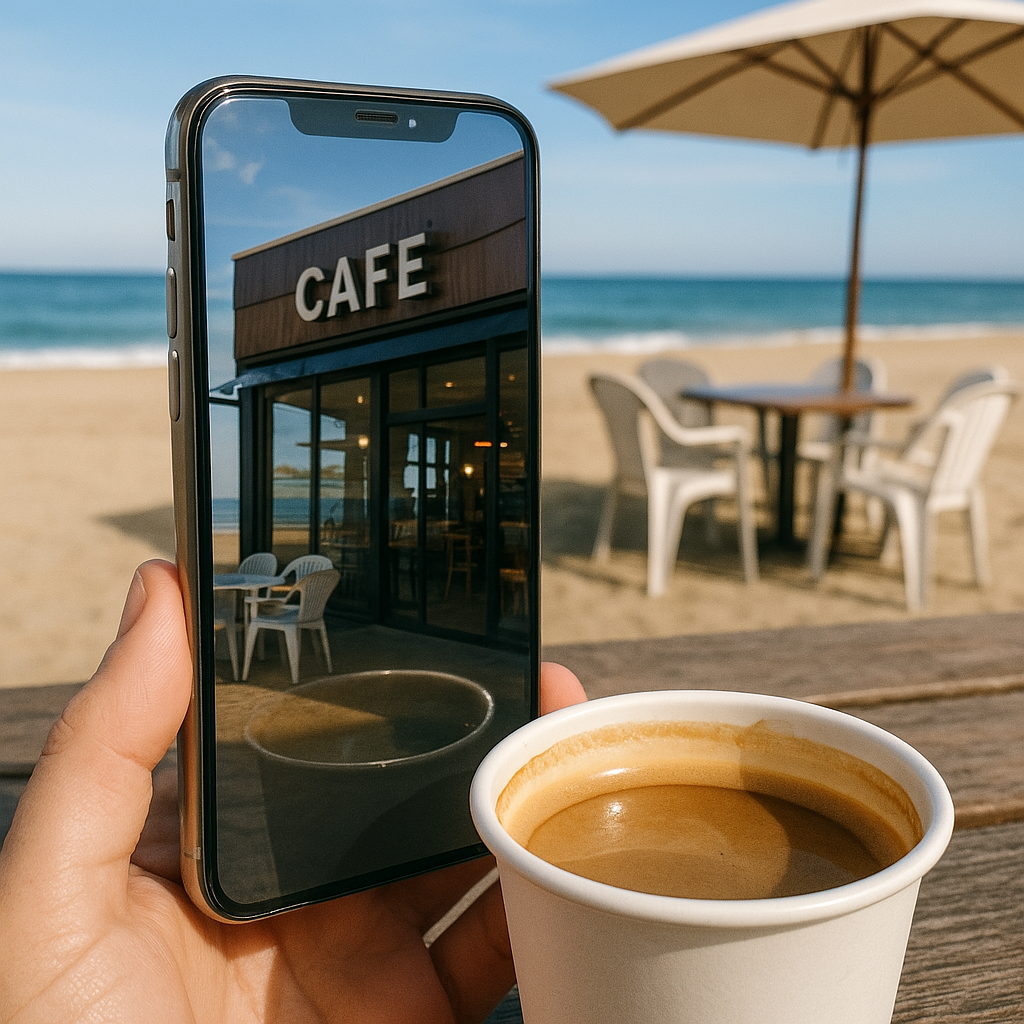 Hand holding phone with cafe reflection on screen at a beach; cup of coffee and beach chairs in the background.