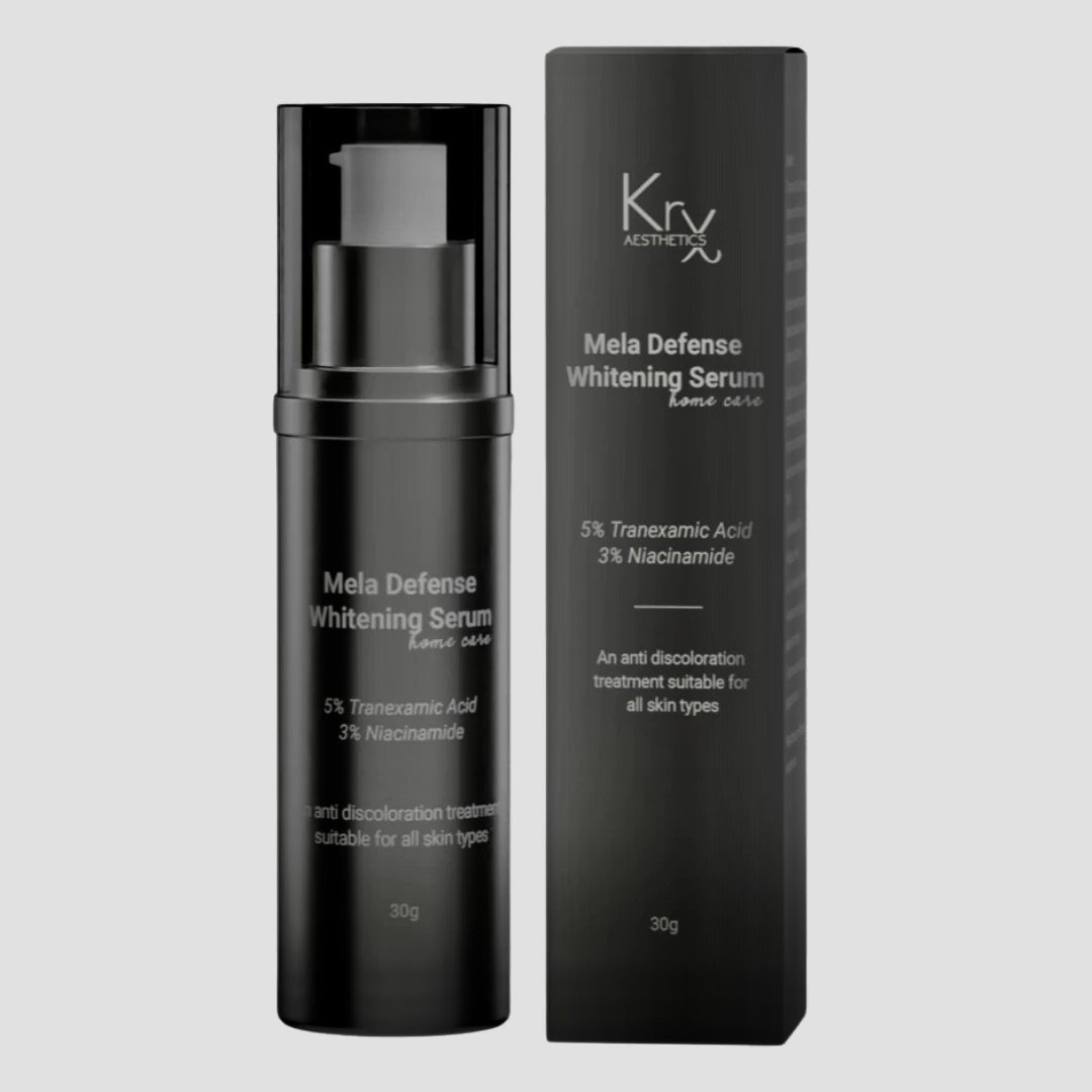 Black bottle and box of "Mela Defense Whitening Serum" with 5% Tranexamic Acid and 3% Niacinamide for all skin types.