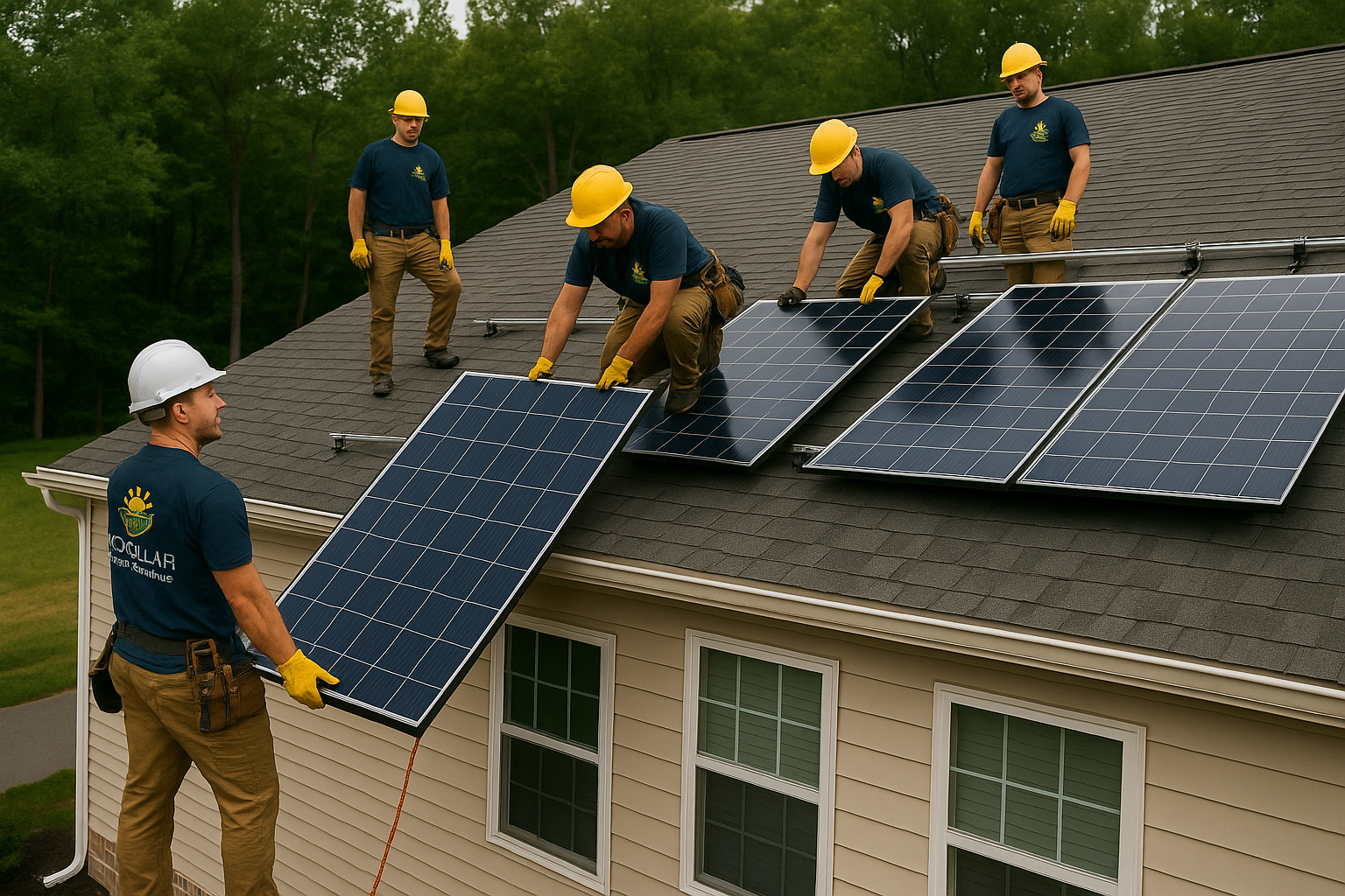Workers installing solar panels on a house roof, wearing helmets and safety gear, surrounded by trees.