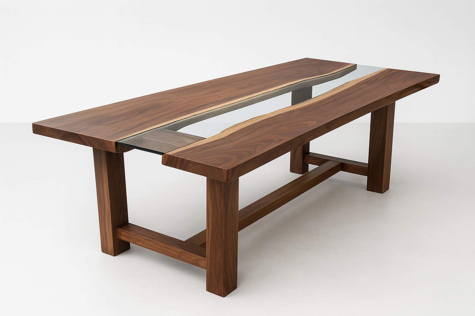 Mesa de comedor en madera maciza con canal central de vidrio templado efecto río, base rectangular estable