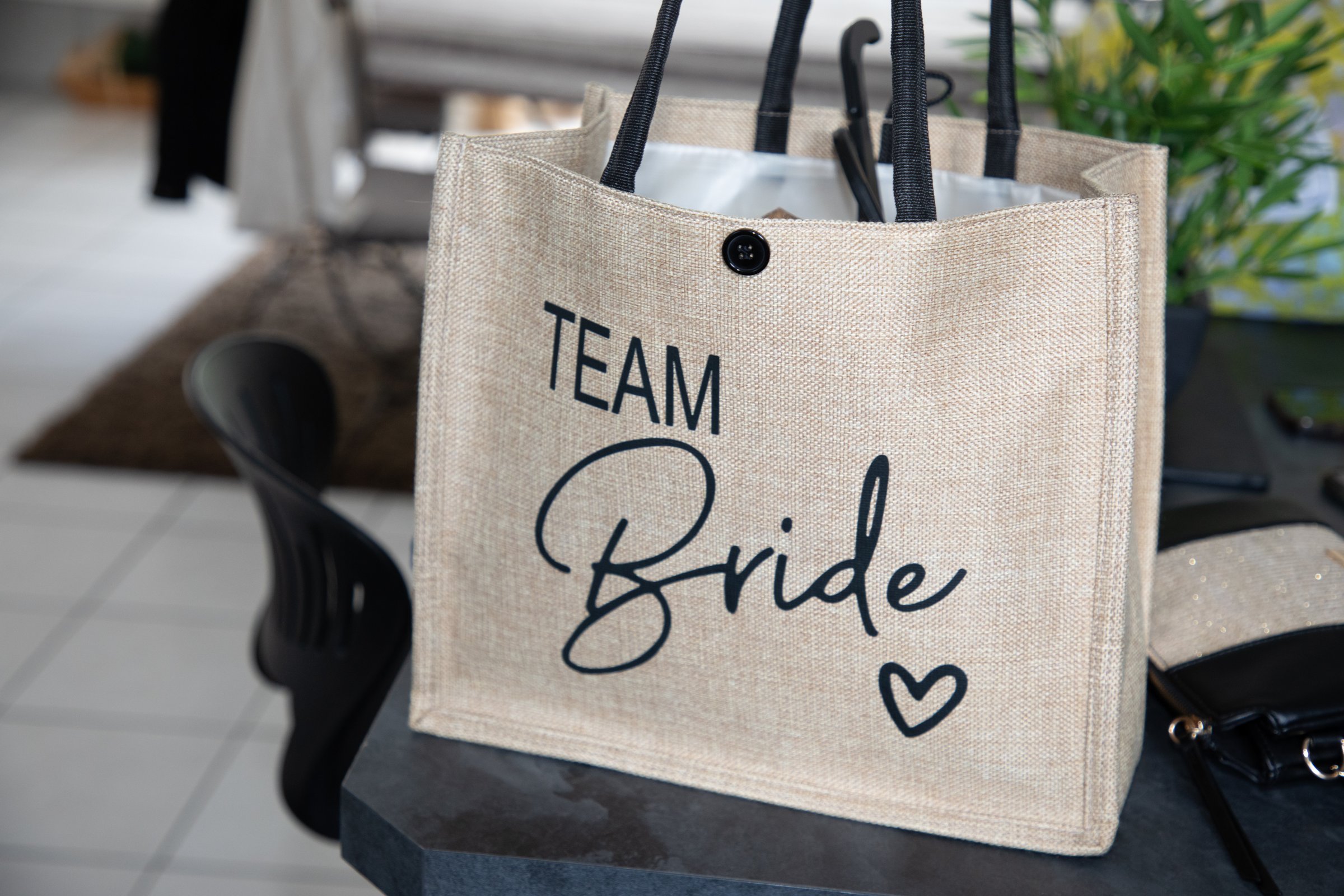 team bride text sign heart in brown beige bridesmaid tote bag