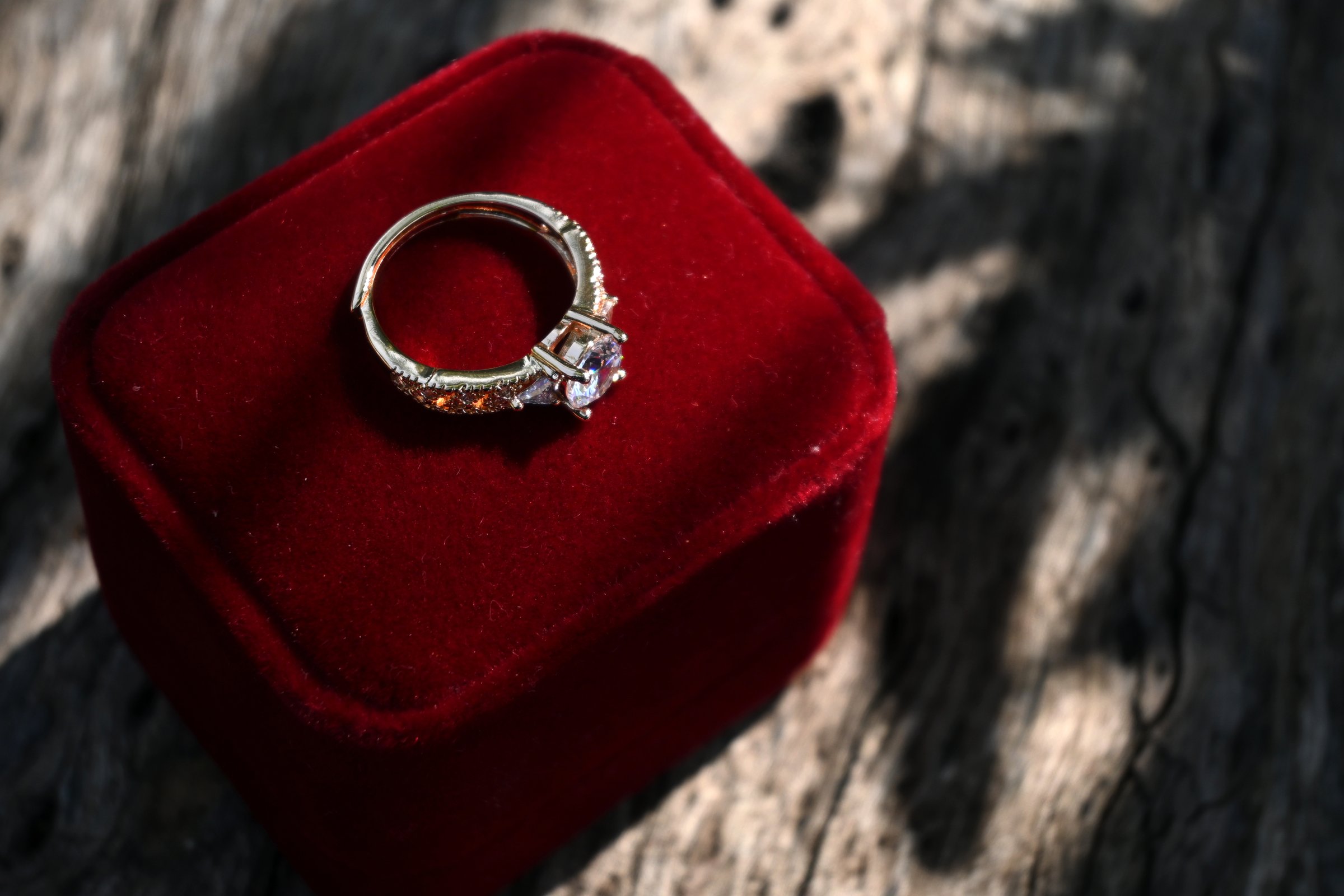 Macro focus of a gold diamond ring and red velvet jewelry box in the backyard in the morning.