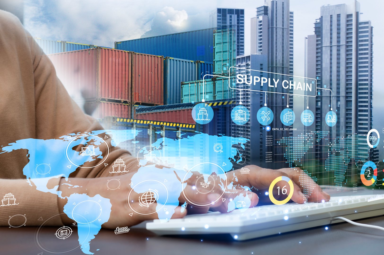 Supply Chain Management concept transportation and logistic suppliers, import export and transport industry. network distribution growth. container cargo ship and trucks of industrial cargo freight