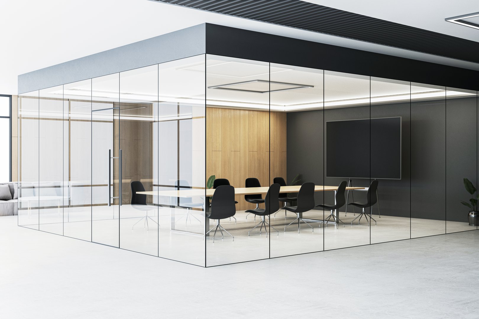 Interior of a modern glass-walled meeting room with black chairs and wooden table, minimalist design, bright flooring, and large screen. 3D Rendering.