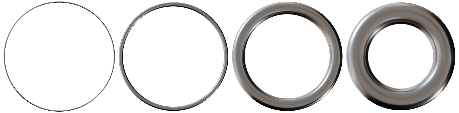 Set of 3D chrome rings with varying thicknesses, isolated on white background. Modern metallic elements, circles, cut out. Y2k style, 2000s. Sleek and tech vibe. Monochrome, gray surface. Round frame