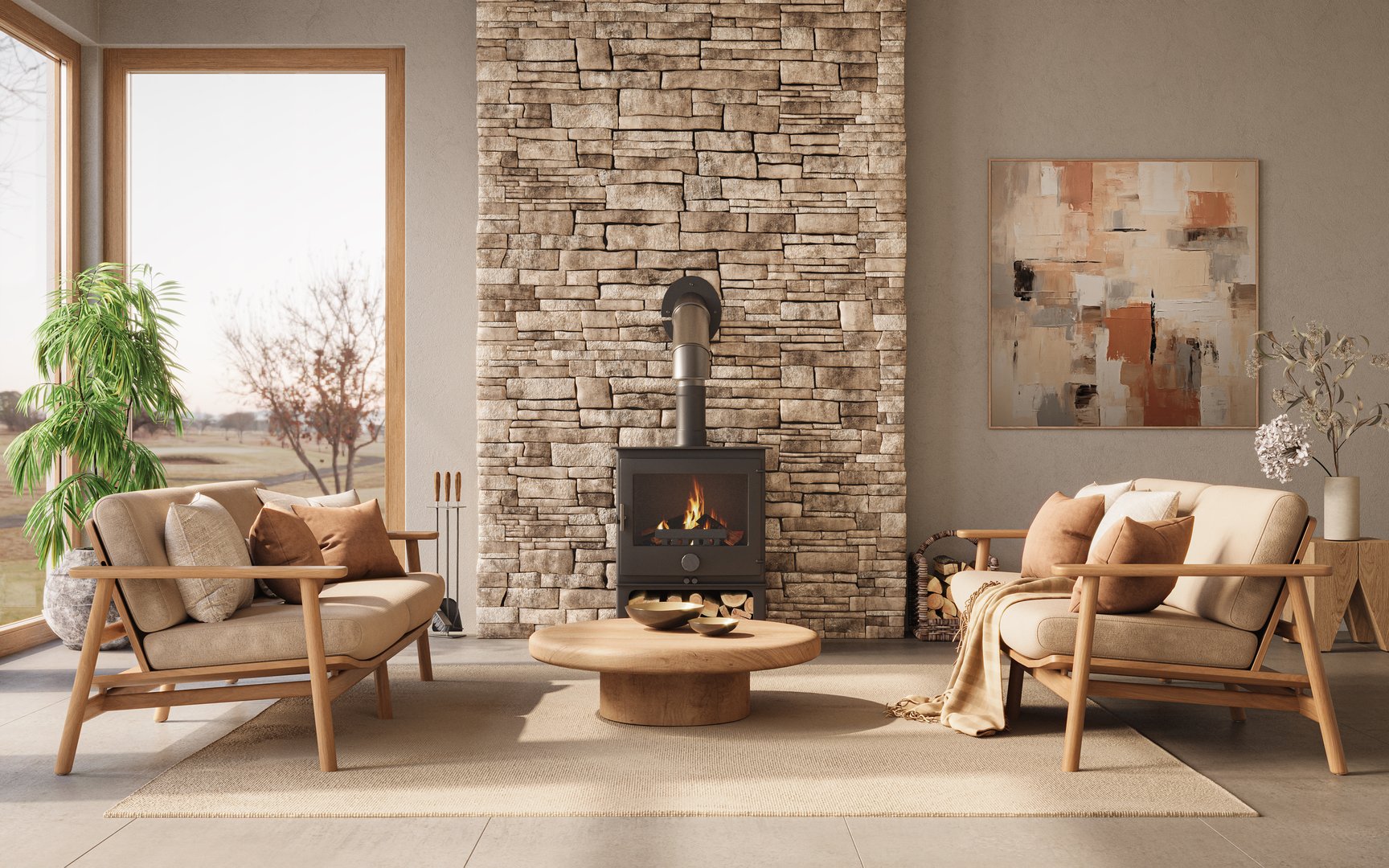 Warm, minimalist living room with wood, neutral tones and fireplace