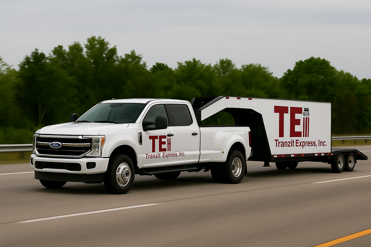 A white pickup truck with Tranzit Express, Inc. branding towing a trailer on a highway, surrounded by green trees.