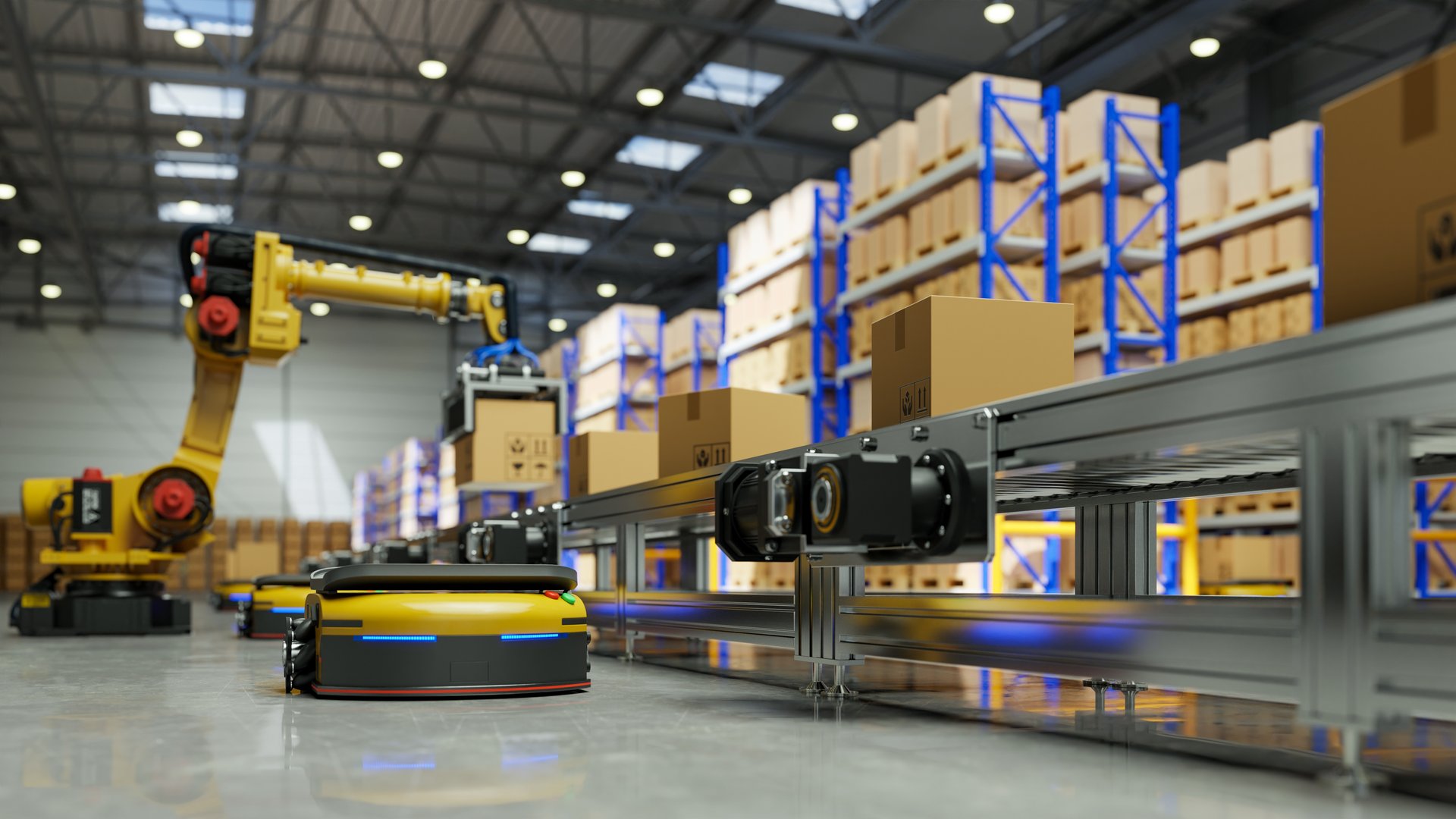 Factory Automation with AGV robot and robotic arm in transportation