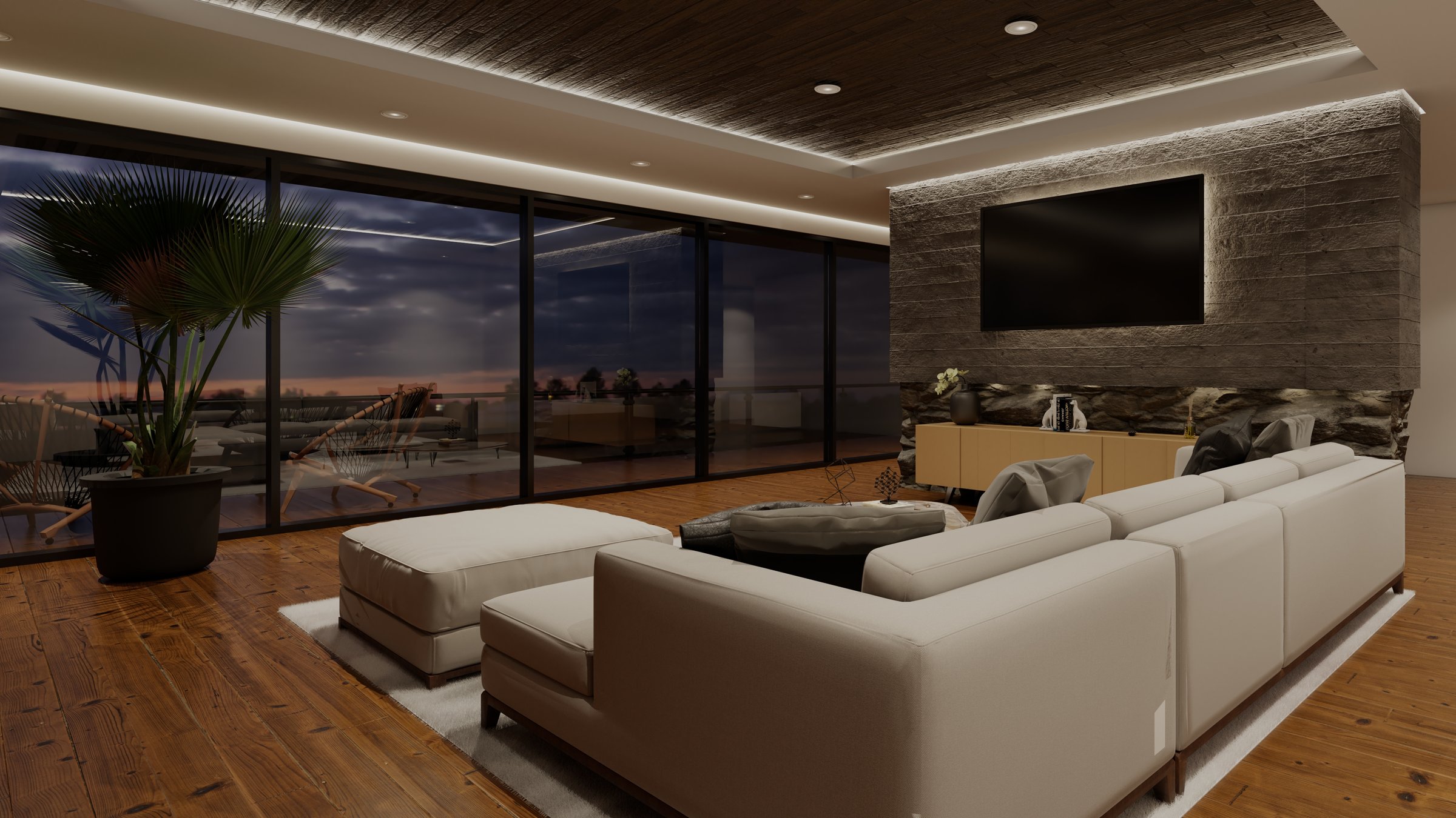 Modern living room with a beige sectional sofa, mounted TV, large windows, and patio view at sunset.