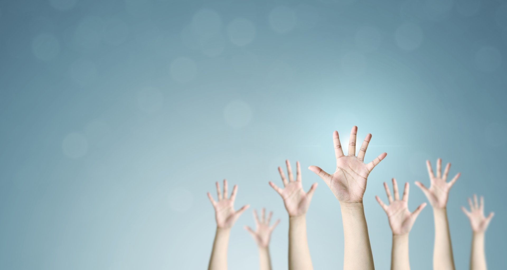 Group of hand raise up many people, International volunteer day and community service concept