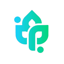 Abstract logo with shades of blue and green featuring stylized overlapping shapes and dots on a white background.