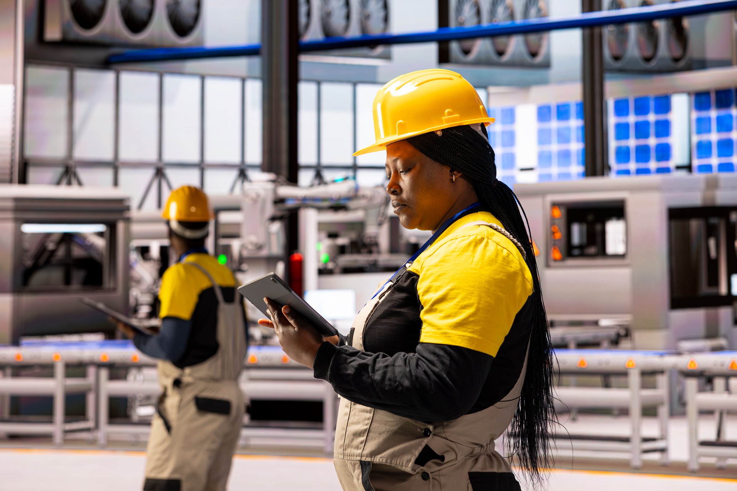 Industrial technician overseeing production and maintaining solar energy systems in smart factory. Black female engineer reviewing manufacturing process on tablet in industry 4.0 power plant.