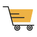 Simple graphic of a yellow shopping cart on two wheels, viewed from the side.
