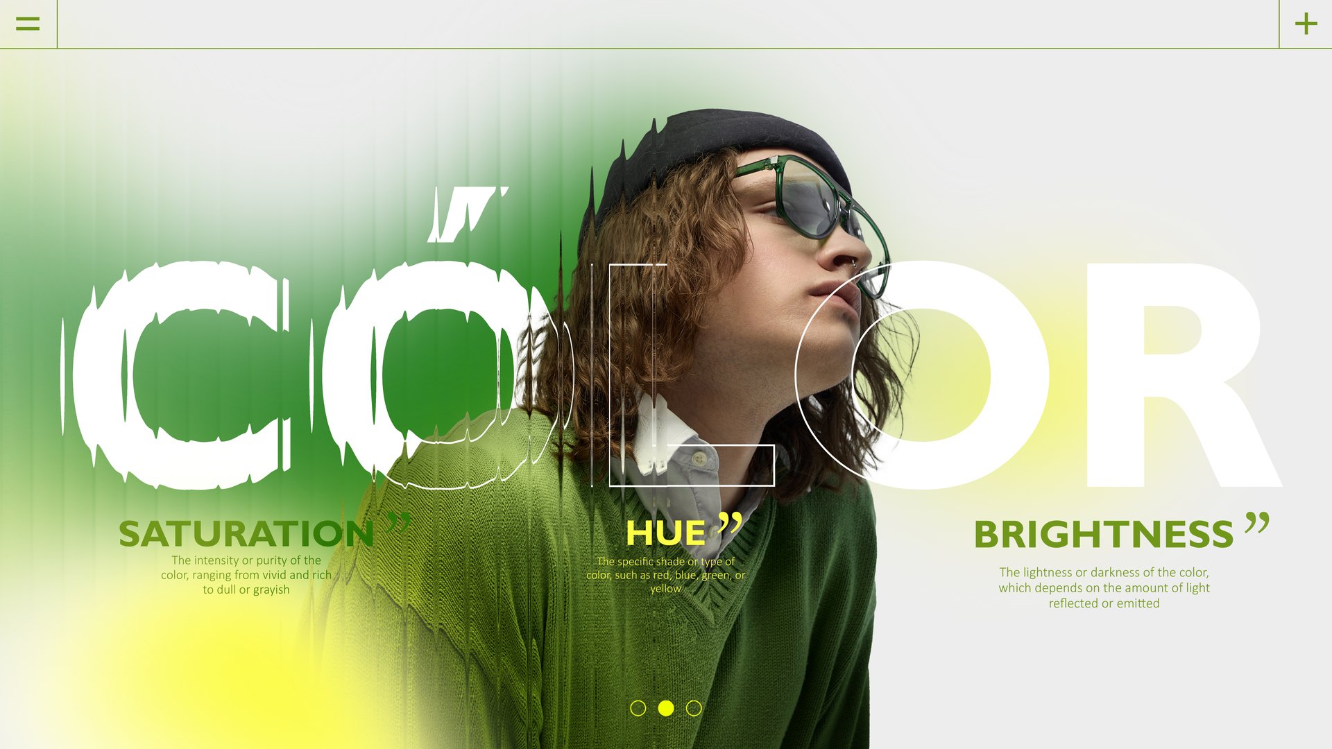 Portrait of stylish young guy with COLOR typography and green gradient effects, symbolizing vibrancy and creativity in branding and advertisement. Concept of business, trends. Banner template. Ads.