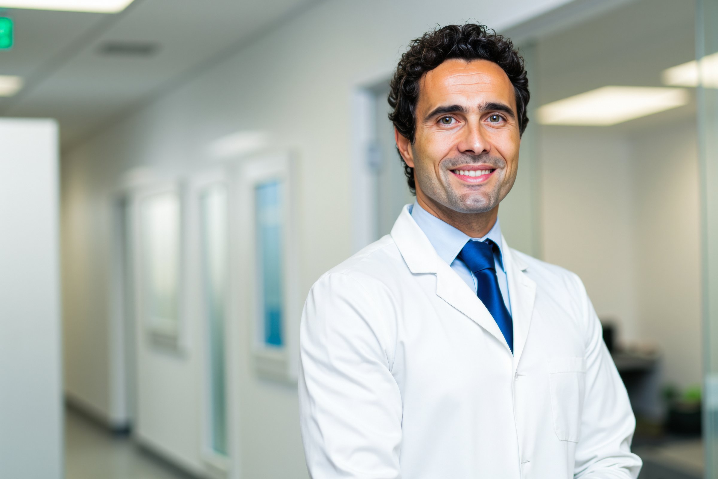Confident doctor smiling at the camera while standing in a bright hospital corridor, embodying professionalism and dedication to patient care