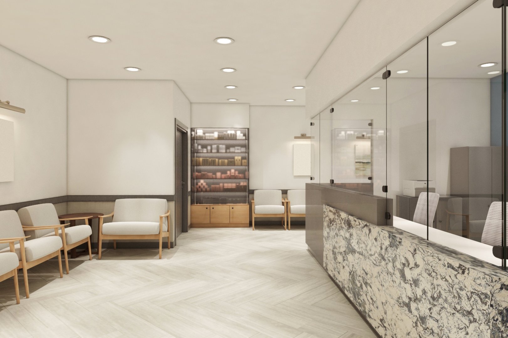 Bright and elegant reception area featuring a glass partition, stylish decor, and comfortable seating for visitors, creating an inviting atmosphere.