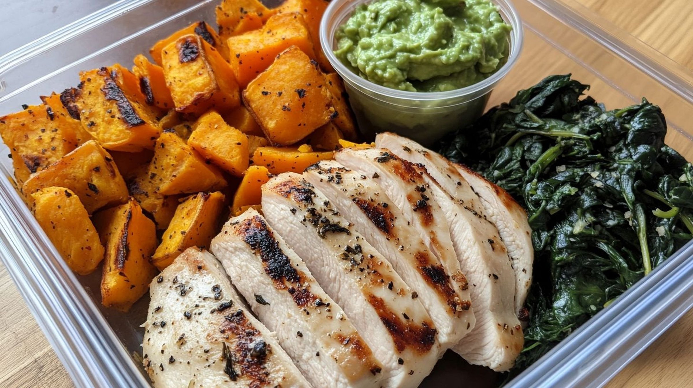 A keto-friendly meal with grilled chicken breast, sautéed spinach, and a side of roasted vegetables, all packed in a takeout container. This low-carb, high-protein meal is ideal for a nutritious and balanced lunch or dinner.