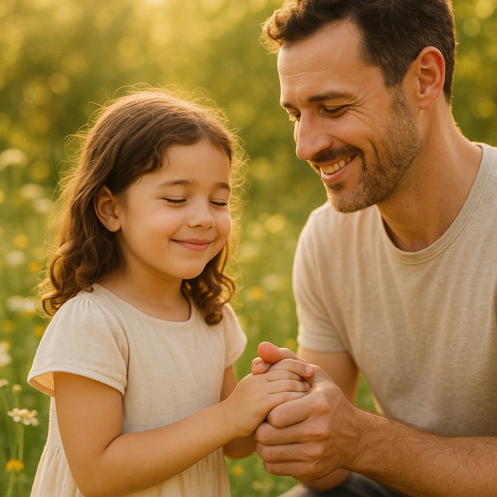 Smiling man and young girl holding hands in a sunlit meadow, both wearing casual clothing.