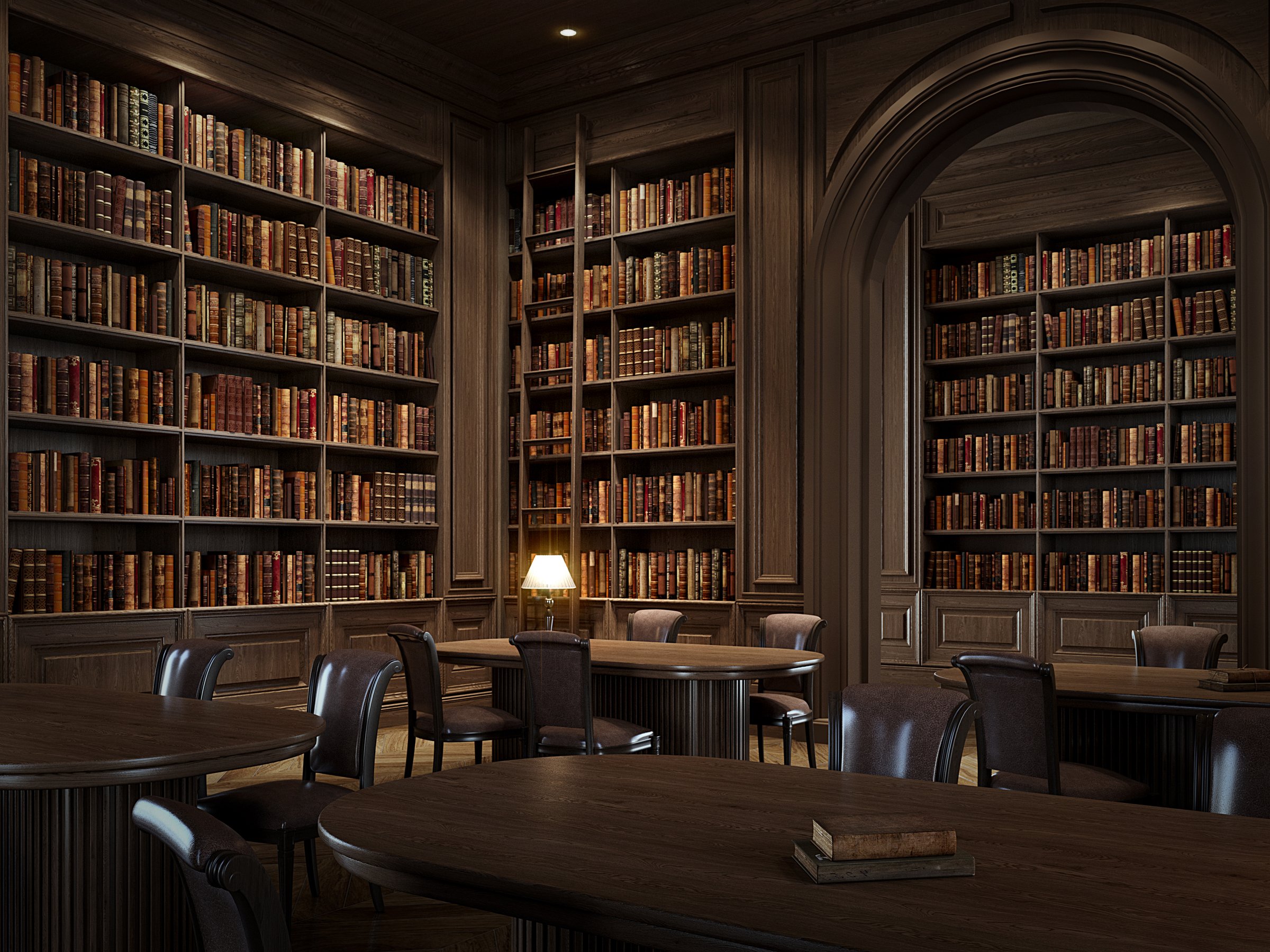 Elegant classic library interior close up with tall wooden bookshelves filled with vintage books. 3d rendering
