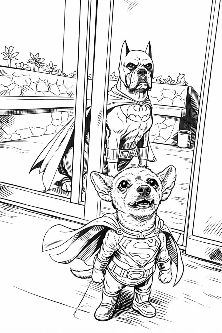 Comic style coloring page of dogs