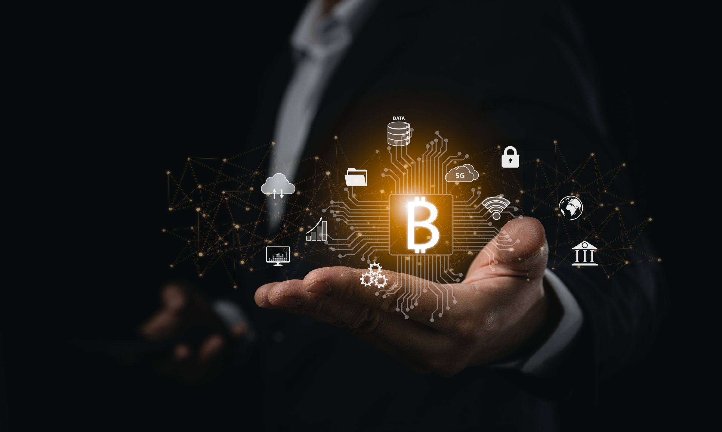 Businessman with Bitcoin and Technology Hologram. Businessman displaying a Bitcoin symbol within a network of technology and security icons. Cryptocurrency technology concept.