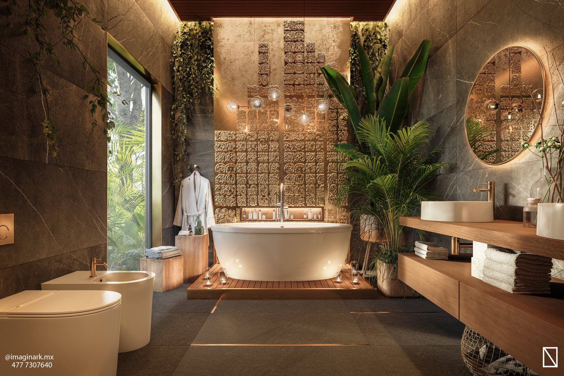 Luxury bathroom with freestanding tub, stone wall, plants, round mirror, and soft lighting. Modern, elegant design.
