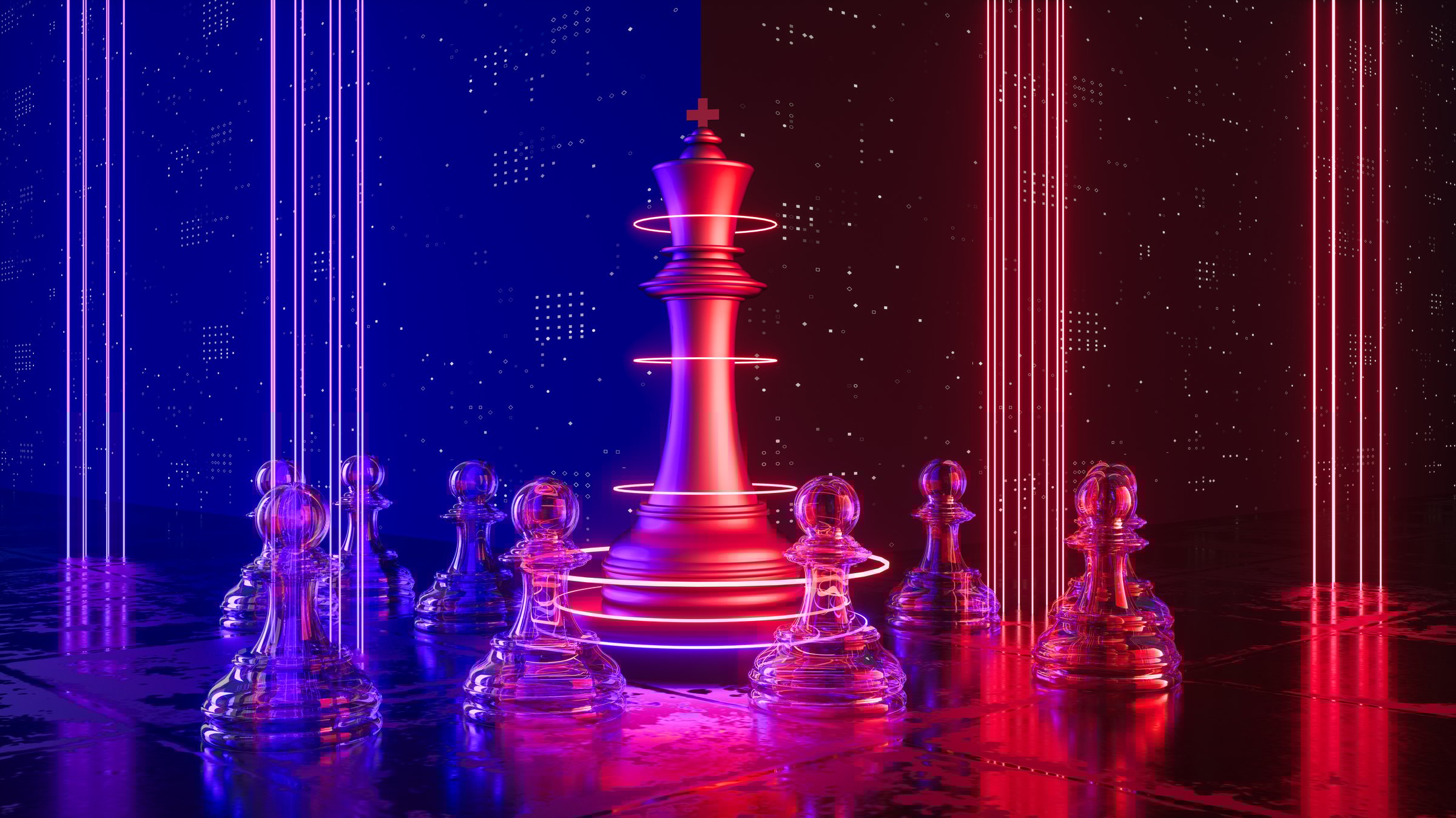 In a futuristic neon setting, a large king chess piece stands at the center, surrounded by transparent pawns. The pawns, made of glass-like material, reflect the vibrant neon rings encircling them. Neon lines connect the entire scene, highlighting the balance of power, strategy, and unity in a digital realm. This 3D rendering captures the essence of leadership, teamwork, and technological advancement through chess metaphors in a visually captivating environment.