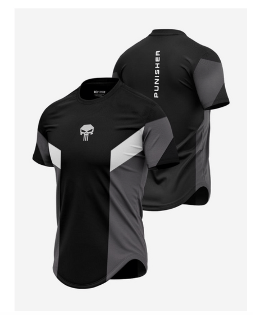 Black and gray athletic T-shirt with a skull logo on the front and "PUNISHER" text on the back.