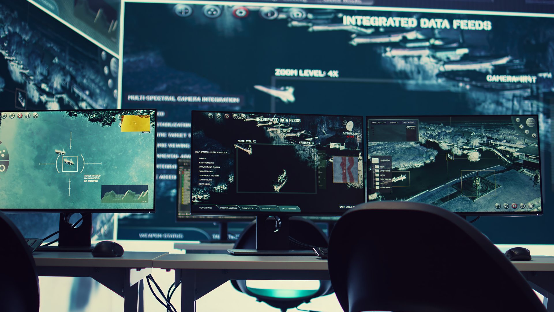 Federal agency command center equipped with surveillance and satellite system overseeing threats or danger on a world map. Military control room headquarters with a dashboard.