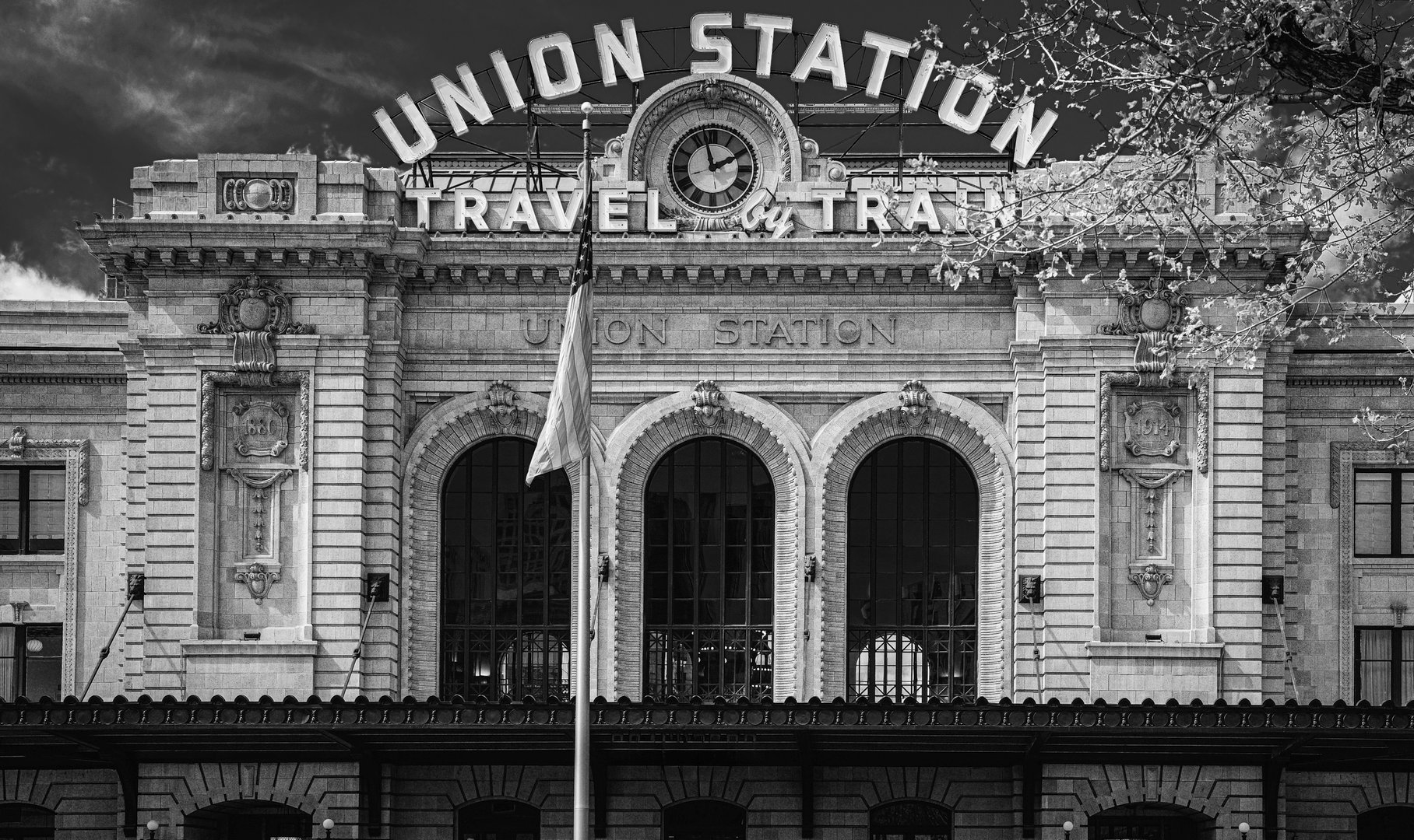 Denver Union Station, the central transportation hub built in 1881 in the Lower Downtown district in Denver, Colorado, USA, Retro-style black and white photo