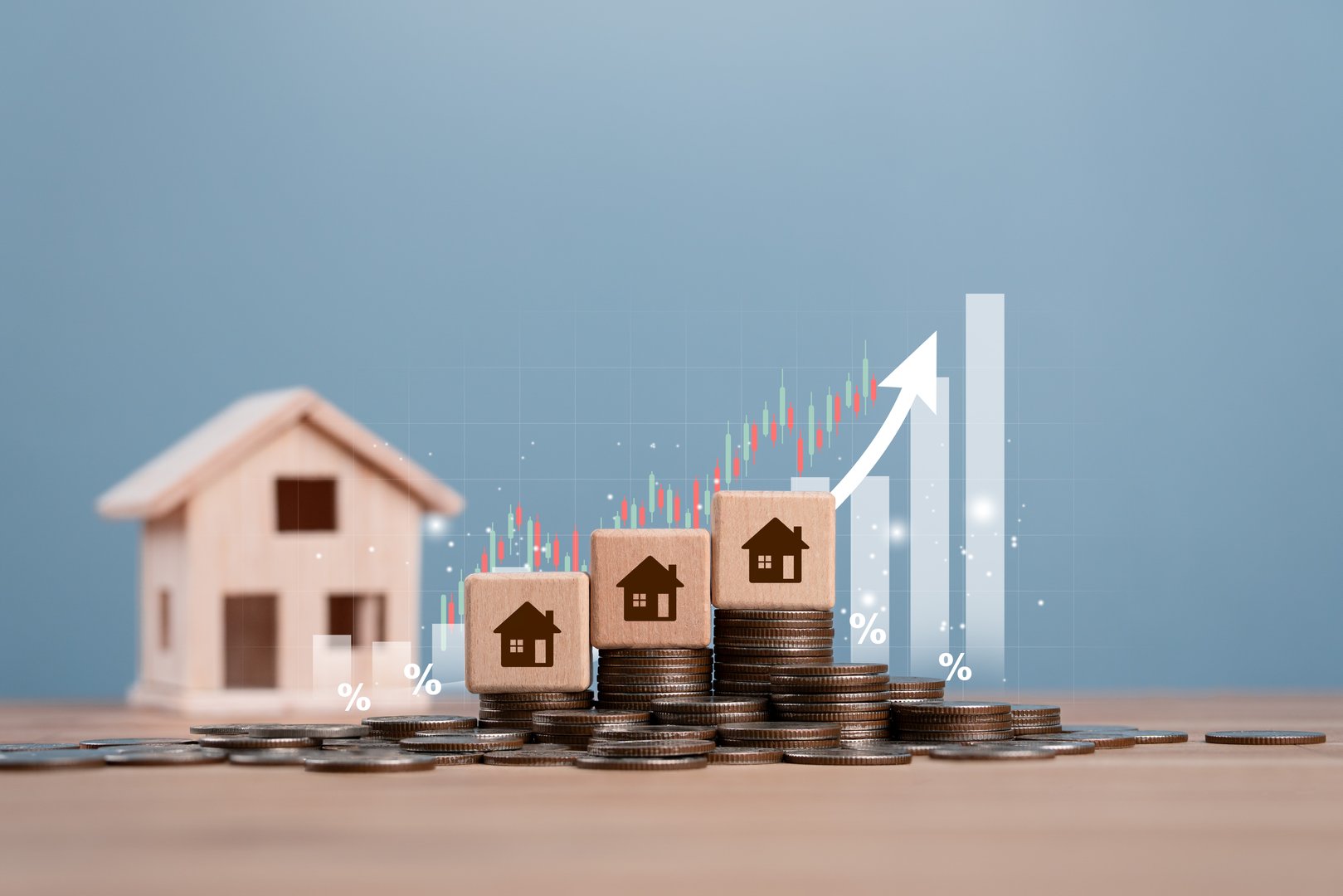 Property management and real estate investment concept. Wooden blocks home sign with house model background. Financial growth. Interest rate financial and mortgage rates.