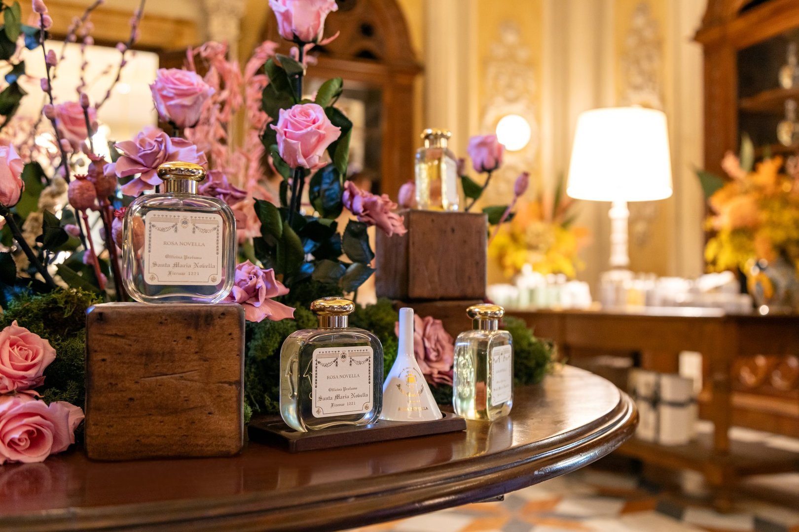 Florence, Italy - May 10th, 2025: Display of Rosa Novella perfumes at Officina Profumo-Farmaceutica di Santa Maria Novella