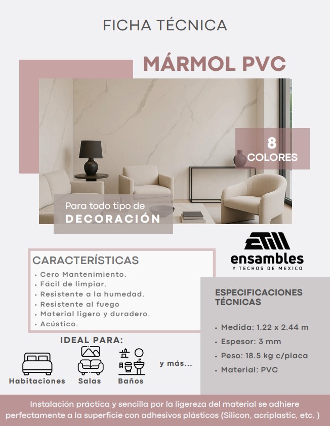 Ficha técnica del PVC Mármol DEKO STEIN con especificaciones, medidas y características del producto