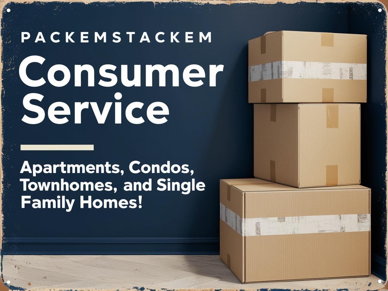 Dark blue PackEmStackEm Consumer Service sign with packing boxes - Apartments, Condos, Townhomes, and Single Family Homes
