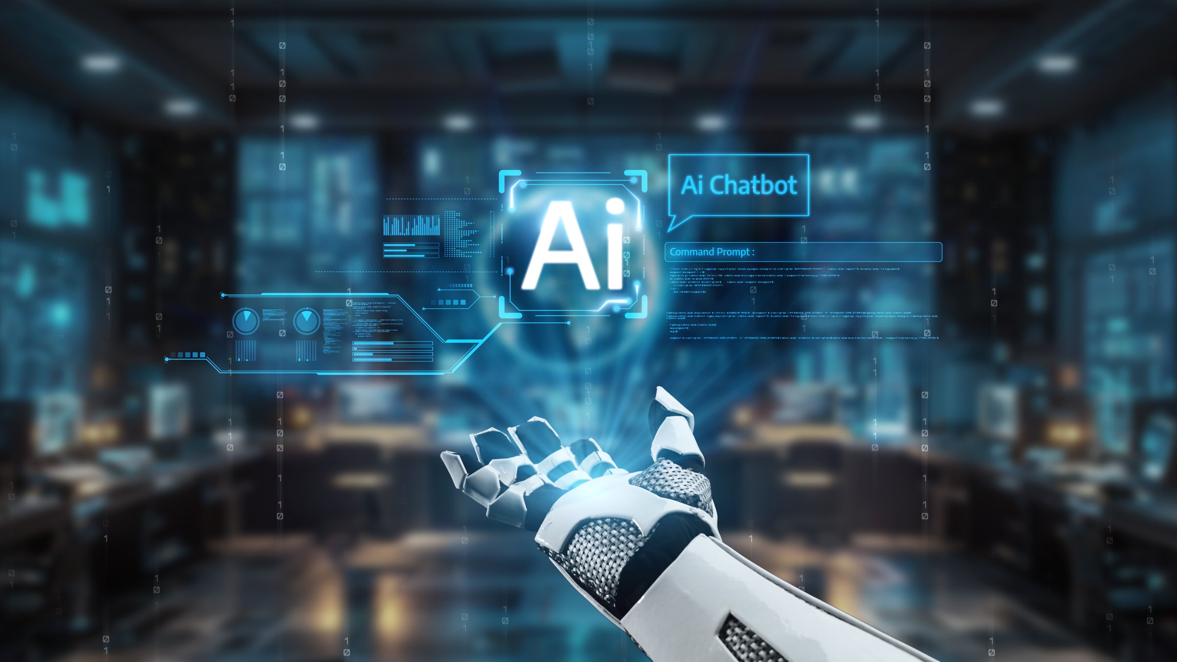 A robotic hand is depicted reaching for a holographic AI chatbot interface, symbolizing the future of communication and technology in a digital control room. Auvana