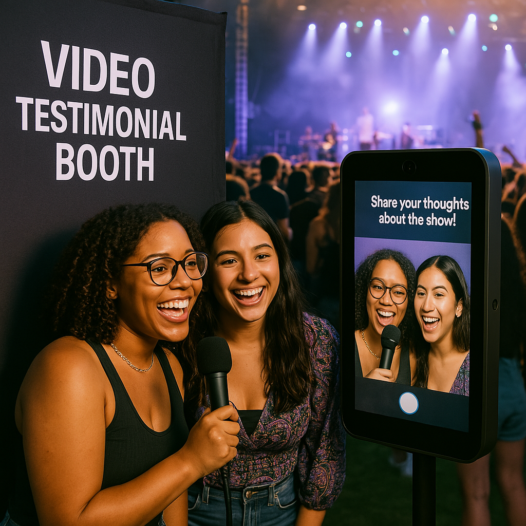 Two women smiling and speaking into microphones at a video testimonial booth with a concert stage in the background.