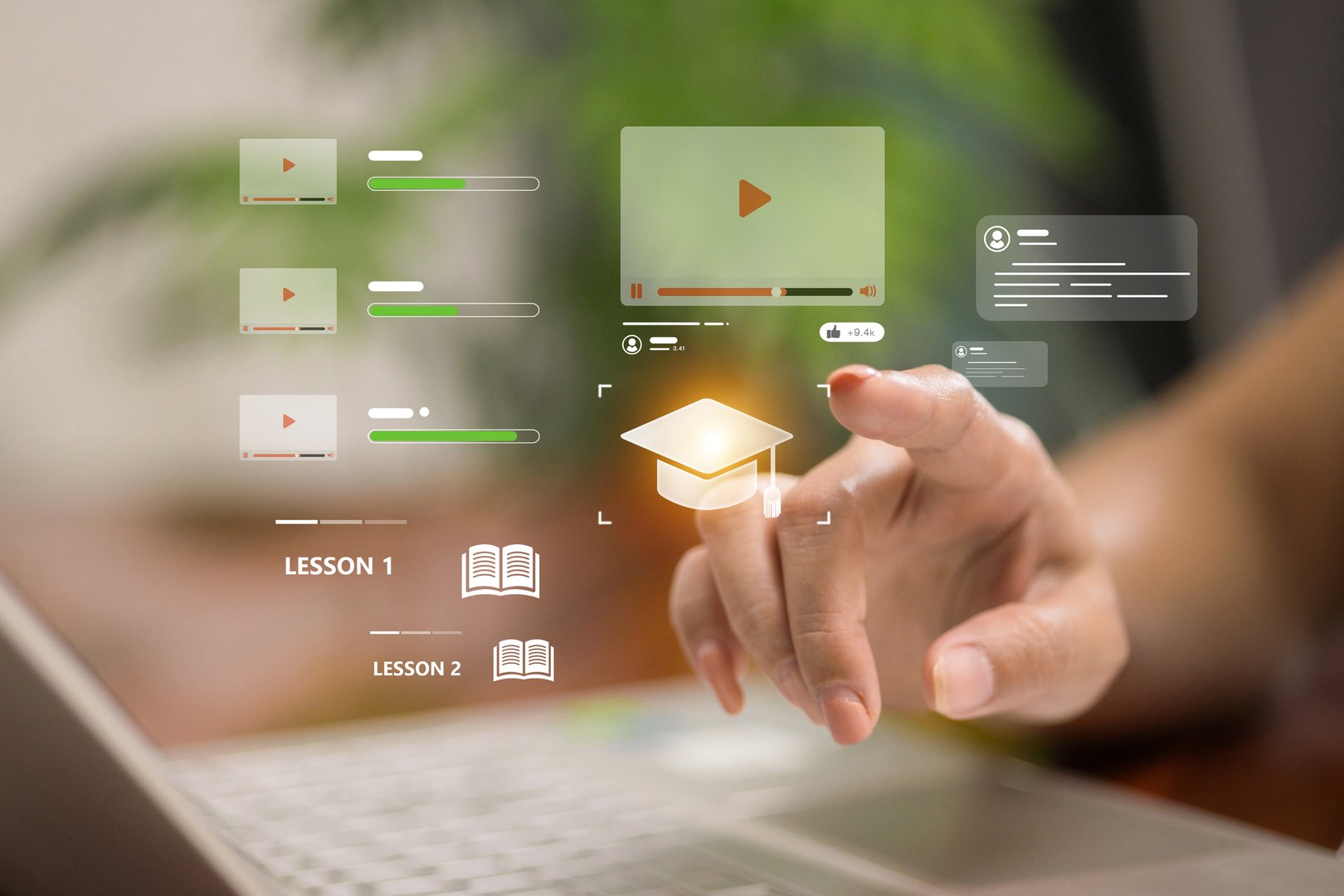Finger selecting graduation cap icon with video courses, lesson progress bars, and digital learning interface, representing e-learning and online education.