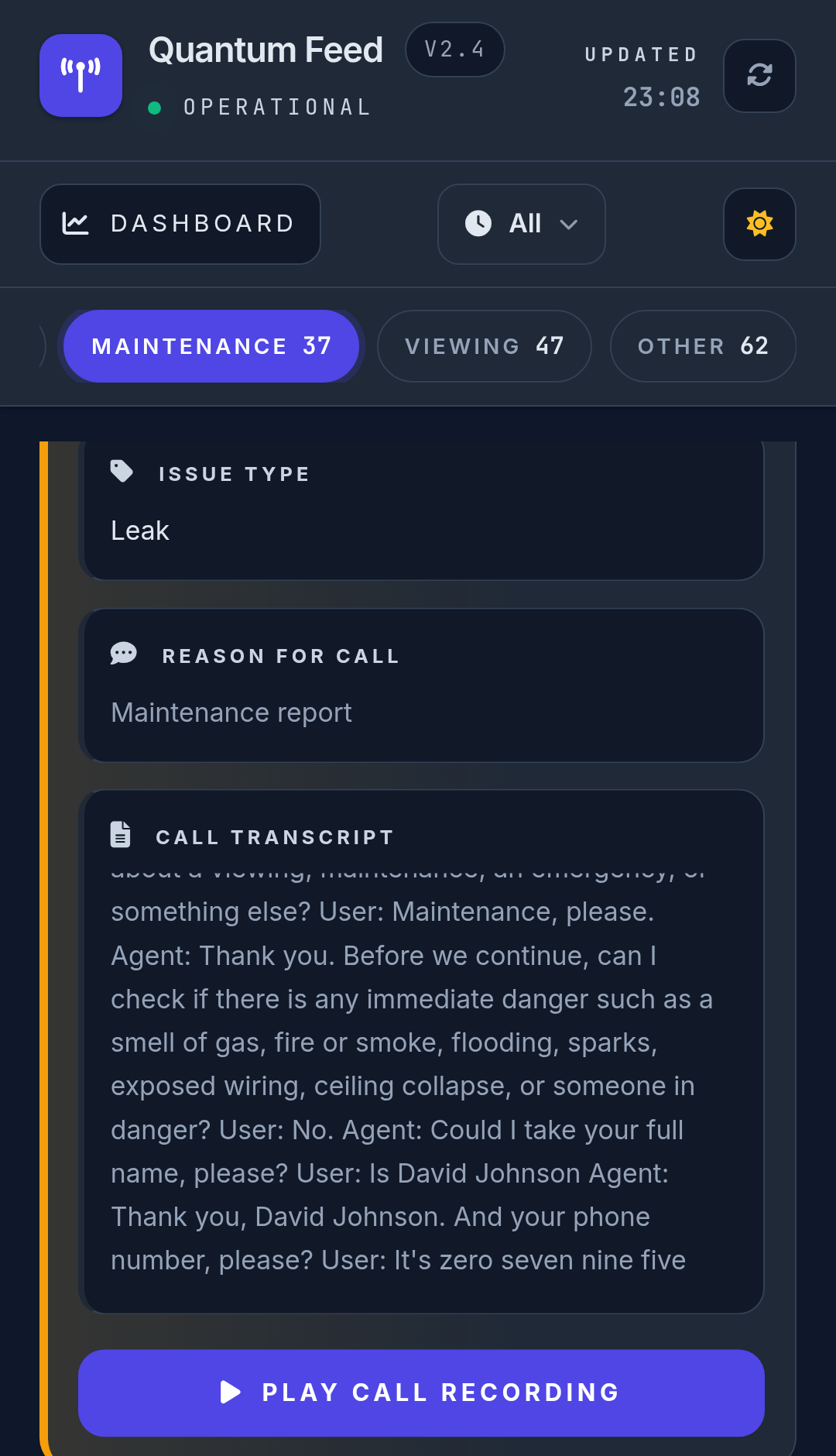 Priority and emergency screening call detail view