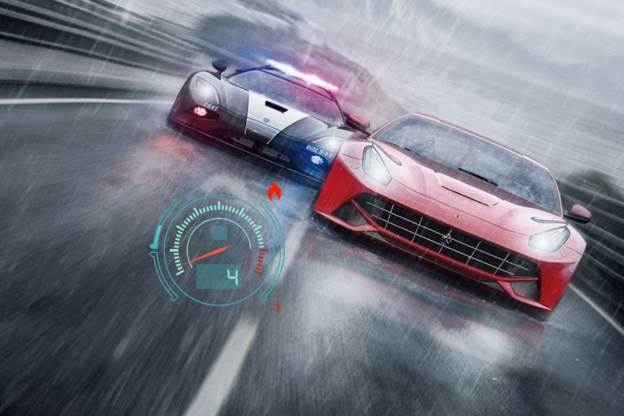A red sports car and a police car with flashing lights race on a wet road, with a speedometer graphic overlay.
