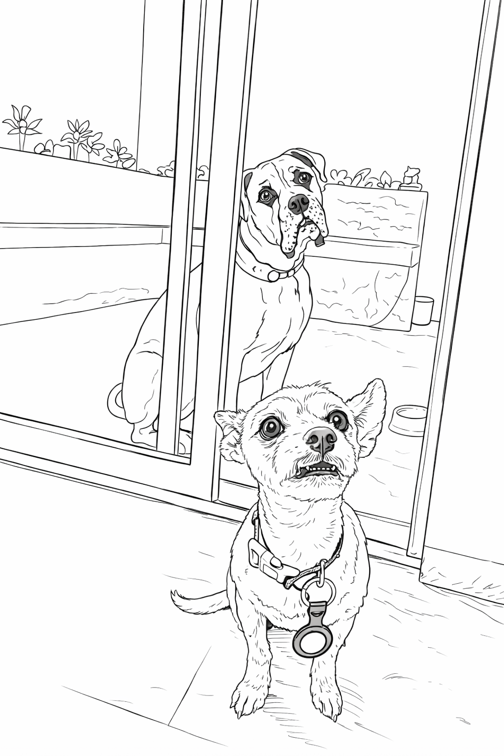 Realistic style coloring page of dogs